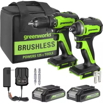 Беспроводная бесщеточная дрель Greenworks, максимальное напряжение 24 В + Ударный комплект, (2) аккумуляторы 2,0 Ач, (1) зарядное устройство и пакет в комплекте