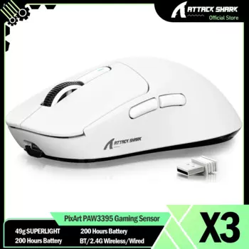 Беспроводная игровая мышь ATTACK SHARK X3 PixArt PAW3395 49g SUPERLIGHT, BT/2,4G, беспроводная/Проводная, 6 Регулируемых DPI до 26000