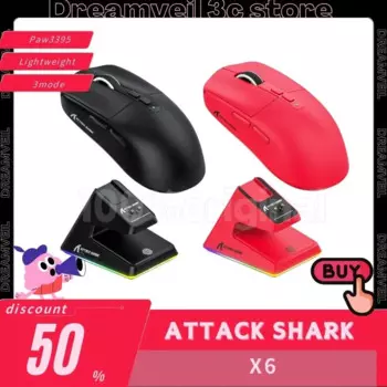Беспроводная игровая мышь Attack Shark X6, 3-режимная Bluetooth мышь Paw3395, легкая с зарядной док-станцией, Rgb-сенсором, геймерские мыши для киберспорта