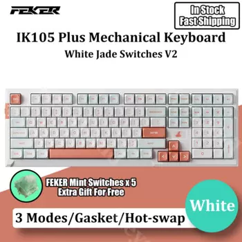 Беспроводная механическая клавиатура FEKER IK105 Plus Pro, 3 режима, Bluetooth 2,4G, RGB прокладка, горячая замена, белые нефритовые переключатели V2, колпачки для клавиш из ПБТ
