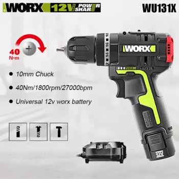 Беспроводная ударная дрель Worx WU131X бесщеточная 12В 1800 об/мин 40Nm 27000bpm BareTool или с одной батареей и 1 платформой зарядного устройства