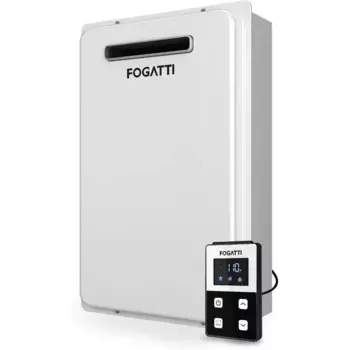 Безрезервуарный водонагреватель FOGATTI для природного газа — установка на открытом воздухе, 5,1 галлонов в минуту, 120 000 БТЕ, белый мгновенный водонагреватель