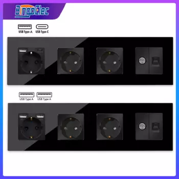 Bingoelec настенные розетки с ТВ CAT6 Тип C, розетка с двойным USB, Интернет Rj45, сетевой соединитель, стеклянная панель, стандарт ЕС, для дома