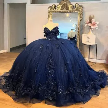 Блестящие темно-синие платья Quinceanera Мексиканская аппликация Кружева из бисера Тюль с открытыми плечами Vestidos De 15 Anos Princess Sweet 16 Birthd