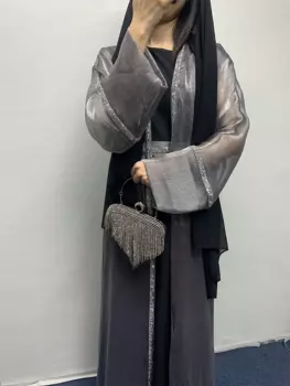 Блестящий комплект Abaya для женщин, открытый кардиган, длинное Внутреннее платье, черный шарф, кафтан, Дубай, роскошная Турецкая одежда, наряд с поясом с блестками