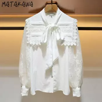 Блузка Matakawa, женские топы, однотонные весенне-осенние корейские модные кружевные блузки с бантом и оборками, Женские винтажные милые свободные рубашки