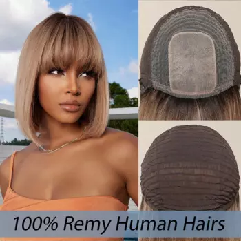 Боб человеческие волосы коричневые короткие прямые волосы Remy парик с челкой золотые для черных женщин афро машинная работа короткие человеческие волосы