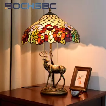 BOCHSBC витражная настольная лампа Тиффани 16 дюймов Лось Ретро стиль Арт-Деко Гостиная Столовая бар Спальня прикроватная Рабочая лампа