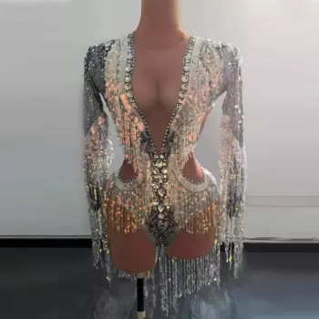 Боди женское блестящее с длинным рукавом и кисточками