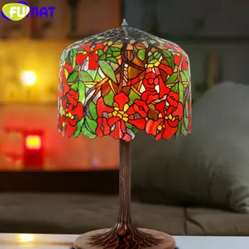 Большая роскошная настольная лампа FUMAT Tiffany, декоративная лампа 18 дюймов, настольные лампы из витражного стекла, садовый светильник, медная корневая рамка, Высота 32 дюйма
