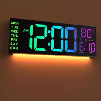 Большие цифровые настенные часы, 16-дюймовый дисплей с RGB-подсветкой, меняющим цвет, с датой и индикацией температуры, автоматические часы с фонариком яркости DST Night