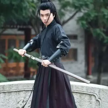 Большой размер 4XL Hanfu, мужской традиционный китайский костюм для косплея, костюм на Хэллоуин, древний Hanfu, черная и красная рубашка + юбка, комплекты