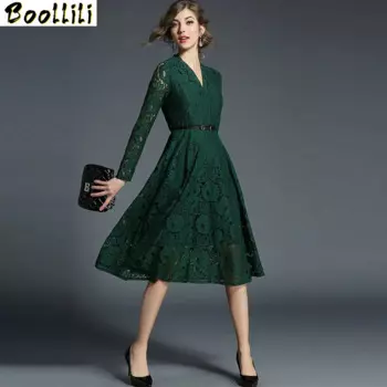 Boollili/летние женские платья в Корейском стиле; Зеленое платье с v-образным вырезом и вышивкой; Вечерние кружевные платья с длинными рукавами и высокой талией