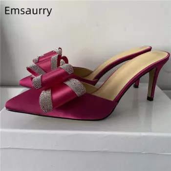 Босоножки женские атласные с бантом-бабочкой, на тонком высоком каблуке 8 см