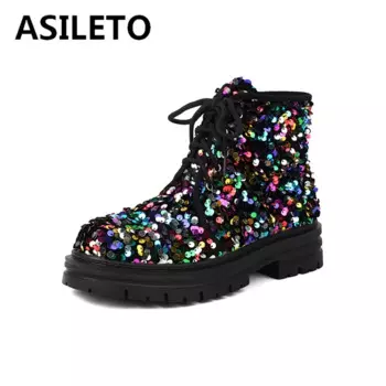 Ботильоны ASILETO 3 см на массивном каблуке 1 см, на платформе, с ремешком, с блестками, с круглым носком, большой размер 43, США 11, женская обувь