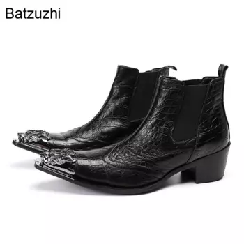 Ботильоны Batzuzhi мужские на высоком каблуке 6 см, цвет черный, блестящие, британского типа, без застежек, деловые/вечерние, большие размеры 46