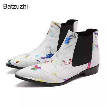Ботильоны Batzuzhi мужские с острым носком, мягкие кожаные, без застежки, модная мотоциклетная обувь, черные белые