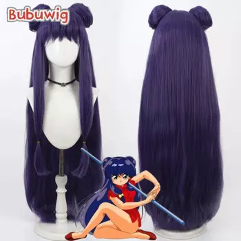 Bubuwig синтетические волосы шампунь косплей парики Ranma 1/2 шампунь 100 см женский длинный прямой фиолетовый парик с булочками термостойкий