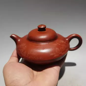Чайник из китайской исинской глины, Фиолетовый Глиняный плоский чайник с ландшафтным рисунком, украшение для офиса
