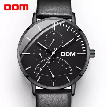 Часы DOM мужские, люксовый бренд, многофункциональные, мужские, спортивные, кварцевые, водонепроницаемые, кожаные, черные, наручные часы, мужские часы, для мужчин, с ремешком