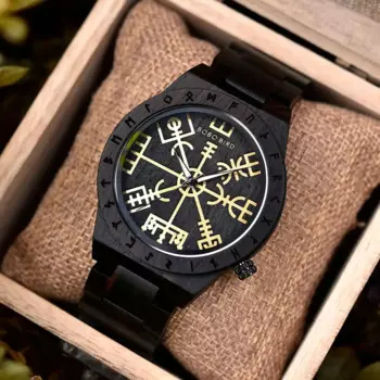 Часы reloj hombre BOBO BIRD деревянные для мужчин, круглые часы Runic с золотым шлемом Awe, персонализированные наручные часы Vegvisir для мужчин
