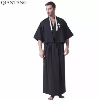 Черное японское мужское кимоно с Obi, лидер продаж, традиционный танцевальный костюм юката для сцены, один размер, Hs002