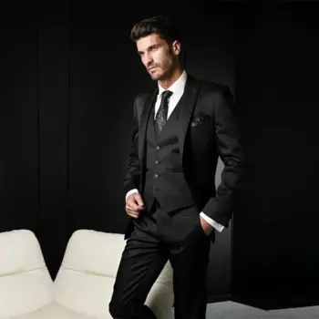 Черные мужские костюмы на заказ, элегантный свадебный костюм Homme, однобортный пиковый лацкан, обычная длина, комплекты из трех предметов, куртка, брюки, жилет