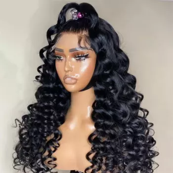 Черный 26 "длинный бесклеевой парик на шнуровке спереди для женщин BabyHair 180 плотность потерять глубокие волны предварительно выщипанный термостойкий синтетический ежедневный