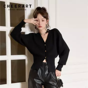 Черный кардиган CHEERART с рукавами-фонариками и V-образным вырезом, свитер, женский модный вязаный свитер в Корейском стиле, дизайнерская одежда для осени и зимы, 2021