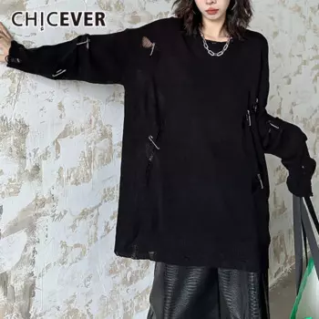 CHICEVER черный свободный полый свитер для женщин с круглым вырезом и длинными рукавами в стиле пэчворк с металлической булавкой, украшение, трикотаж, женская модная одежда