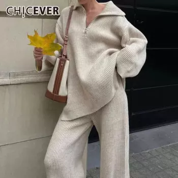 CHICEVER Элегантный вязаный комплект из двух предметов для женщин, свитер с длинными рукавами и лацканами, пальто с высокой талией, однотонные брюки, свободные костюмы, женские осенние