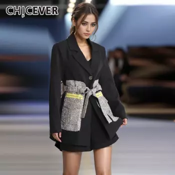CHICEVER лоскутный блейзер с бриллиантами для женщин, модный уличный пиджак с зубчатым воротником и длинными рукавами, женская одежда, новинка