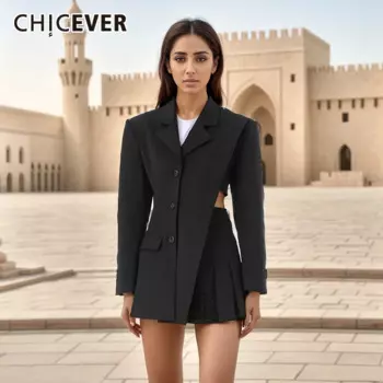 CHICEVER платье со складками для женщин, однобортное лоскутное платье с карманами и зубчатым воротником, длинным рукавом и высокой талией, женское новое платье