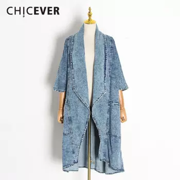 CHICEVER синий джинсовый тренч для женщин с отворотом летучая мышь рукав три четверти свободный большой размер ветровки Женская 2021 осенняя одежда