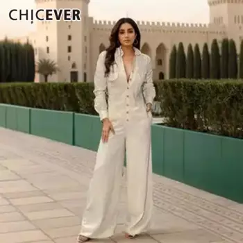 CHICEVER сращенные однобортные комбинезоны для женщин, однотонный повседневный комбинезон с длинными рукавами и высокой талией в стиле пэчворк Pokects, женский комбинезон