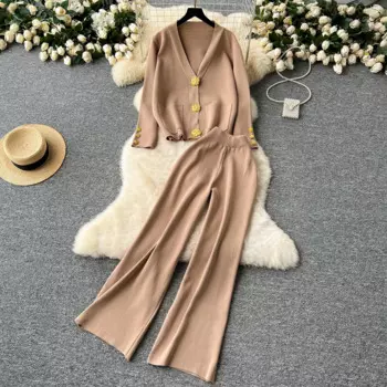 Clothland женский вязаный костюм с v-образным вырезом и длинными рукавами, кардиган, свитер, широкие брюки, длинные брюки, толстый зимний комплект из двух предметов TA516