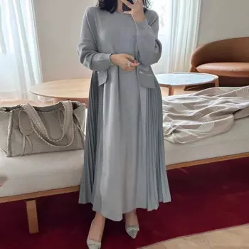 Clothland женское элегантное плиссированное платье-свитшот с длинным рукавом и круглым вырезом с карманом цельное женское платье миди в стиле ретро Mujer QD846