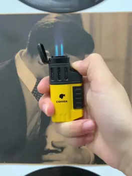 COHIBA металлическая зажигалка для сигар, уличная ветрозащитная сильная зажигалка с синим пламенем 4, прямая зажигалка с открывалкой, индивидуальный мужской подарок