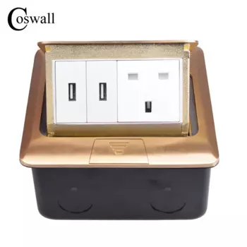 Coswall Выдвижная напольная розетка из чистой меди с золотой панелью, 13 а, британская стандартная розетка с двумя USB-портами для зарядки, металлический корпус