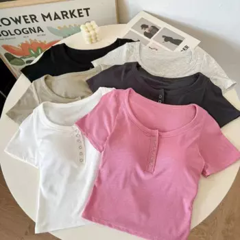 Cotton Short-sleeved Button-down Design Beautiful Suspender Chest Pad Slimming Sexy Slimming Top Майка С Бюстгалтером