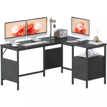 CubiCubi L-образный стол с полками, 59,1 дюймовый угловой компьютерный стол, для дома, офиса, игровая рабочая станция для письма, черный