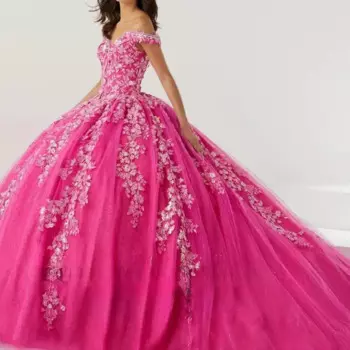 Розовые платья Quinceanera по индивидуальному заказу, 3D кружевная аппликация с блестками, длинное тюлевое платье с открытыми плечами, Vestidos De 15 Anos 24