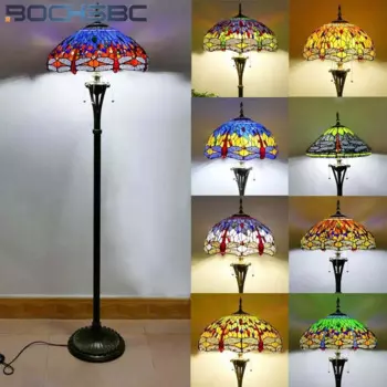 Цветное стекло BOCHSBC в стиле Тиффани, желтая стрекоза, ретро-Торшер для спальни, кабинета, кафе, гостиной, стоящая лампа, искусственный Декор