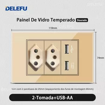 DELEFU 4*2 золото закаленное стекло, бразильская стандартная розетка, двойной USB-разъем типа C, настенная розетка, выключатель света, Швейцария, 10A, 20A