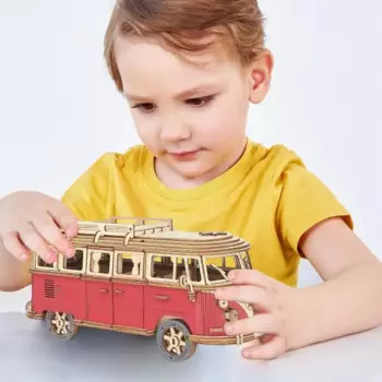 Деревянный пазл с автобусом для детей 3D Деревянные пазлы Модель тура Автобуса Игрушка 3D Пазл Строительный комплект для автобуса Деревянный ремесленный тур Пазл с автобусом для