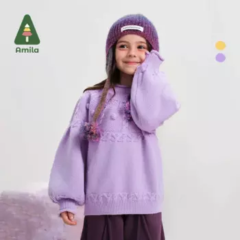 Детский свитер Amila, новинка зимы 2024, высококачественный однотонный Повседневный свободный мягкий детский пуловер с рукавами-фонариками и круглым вырезом