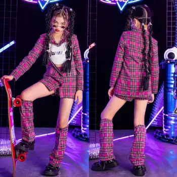 Детский танцевальный костюм Kpop для девочек, розовый клетчатый комплект с вырезами на ногах, одежда в стиле хип-хоп, сценическая модель, уличная одежда XS6276