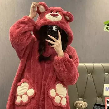 Disney Kawaii Lotso ночная рубашка с мультяшным принтом коралловый бархатный женский топ Пижама плюшевый мягкий Халат с капюшоном кардиган Ночная Рубашка домашняя одежда теплая