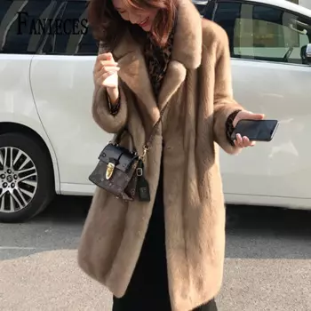 Длинное пальто FANIECES из искусственного меха с коричневым лацканом, женское флисовое длинное Норковое Пальто, зимняя плюшевая теплая утепленная верхняя одежда, роскошная Меховая куртка