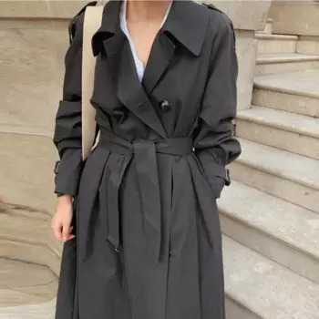 Для женщин осень элегантный черный Slim Fit Длинные Тренч куртка с поясом однобортная ветровка с рукавами-реглан с рукавами, накидка кардиган